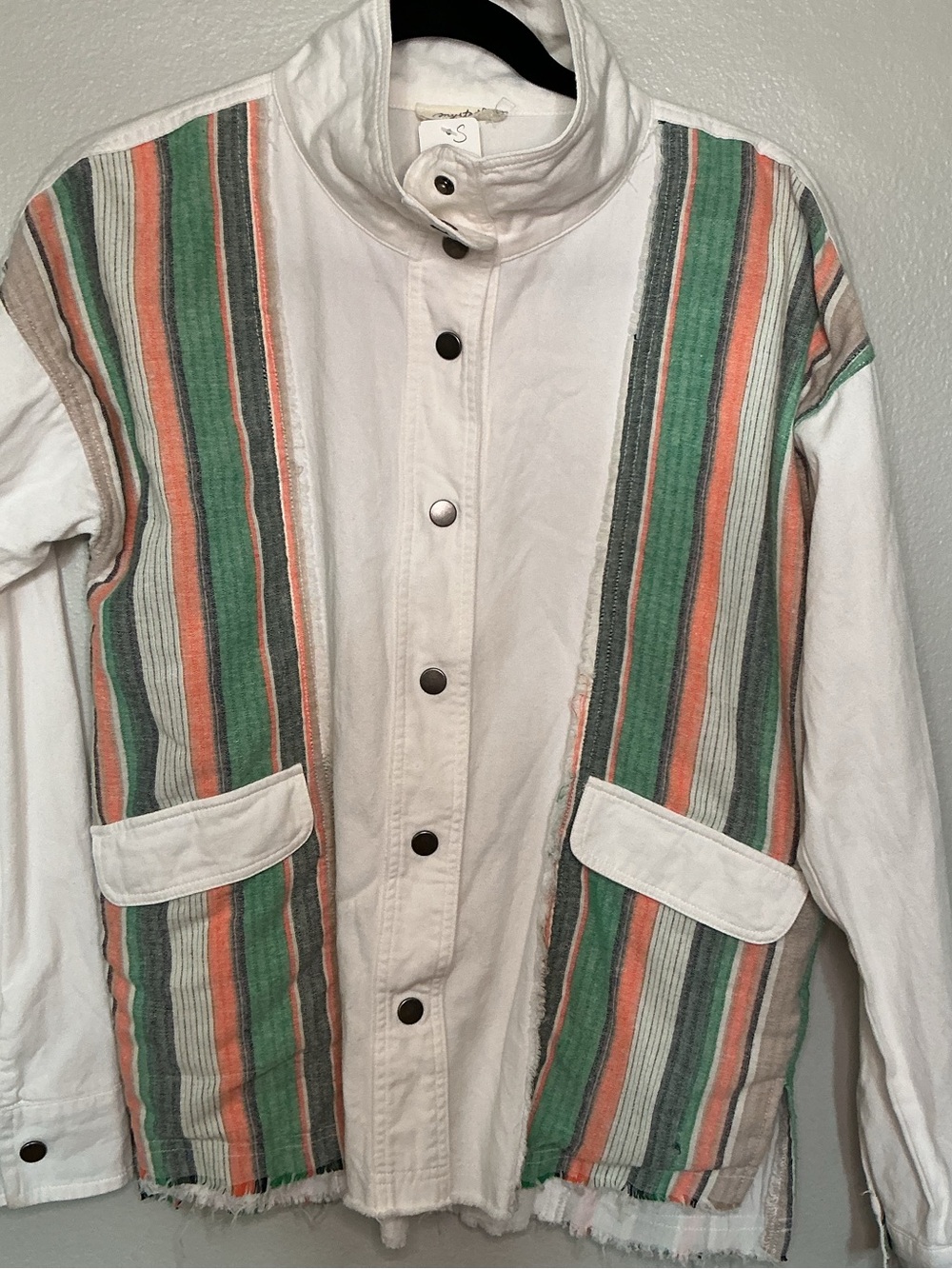 Mystree Boho White Jacket with Green and Coral Stripe Panels 100% Cotton Size S